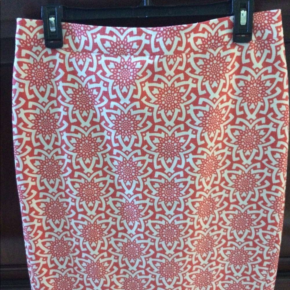 JCrew coral and white skirt, above the knee